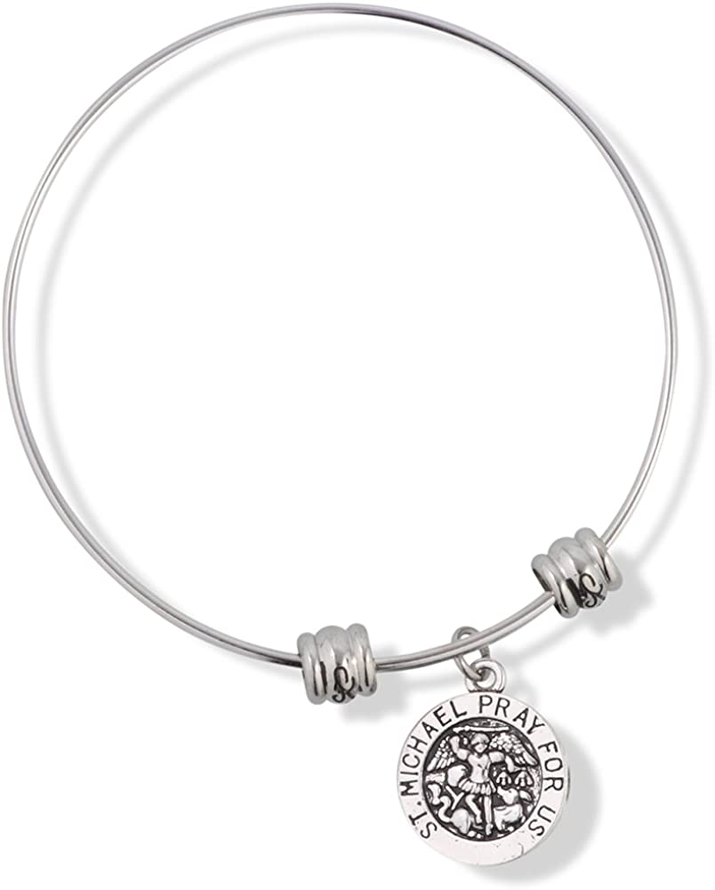 Saint Michael Pray for Us Round Charm Fancy Charm Bangle