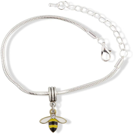 Bee with Yellow and Black Rear White Wings and Rhinestone Head on Gold Charm Bracelet