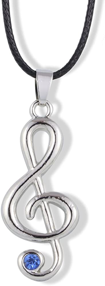 EPJ Treble Clef with Blue Rhinestone on Black Round Rope Necklace