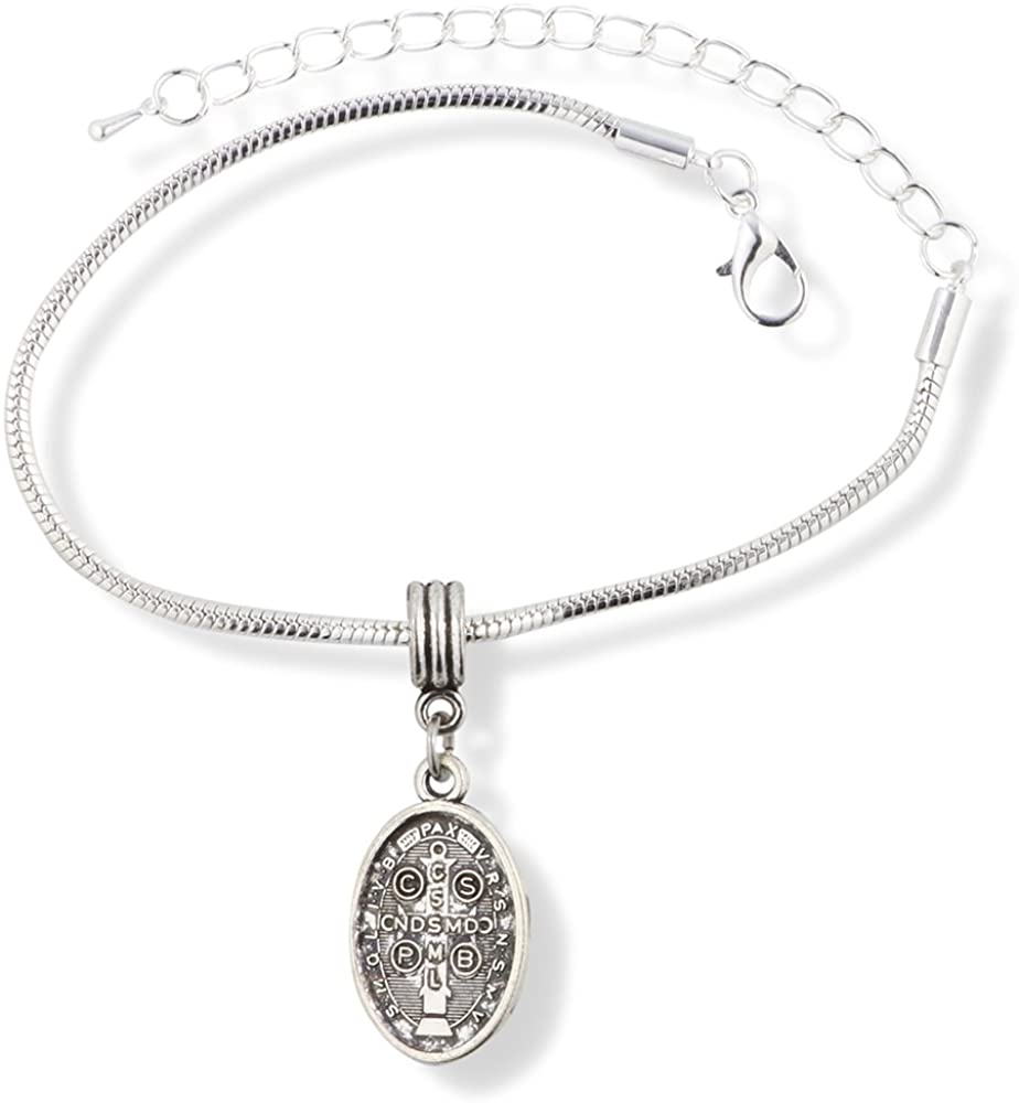 EPJ Catholic Gifts Saint St Benedict Medal San Benito Religious Jewelry Bracelet for Women Silver Plated Chain Charm Gifts Catholic Bracelet for Women Men Boys and Girls