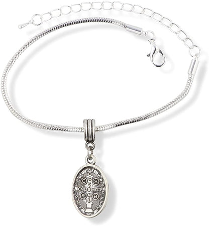 EPJ Catholic Gifts Saint St Benedict Medal San Benito Religious Jewelry Bracelet for Women Silver Plated Chain Charm Gifts Catholic Bracelet for Women Men Boys and Girls
