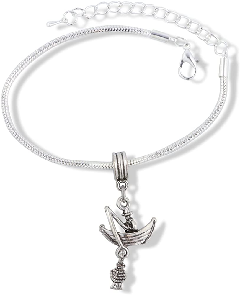 Fisherman Catching Fish in Row Boat Snake Chain Charm Bracelet