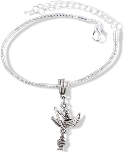 Fisherman Catching Fish in Row Boat Snake Chain Charm Bracelet