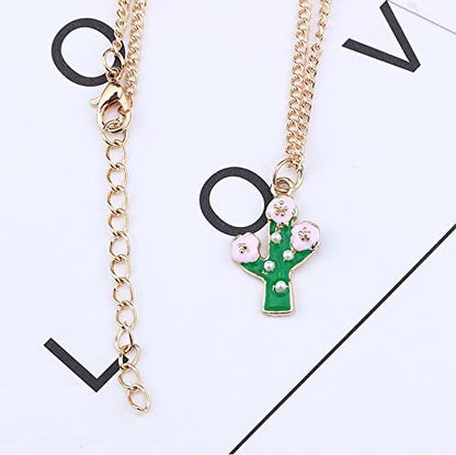 EPJ Cactus Green with Four Pearls and Three Pink Flowers on Gold Chain Necklace