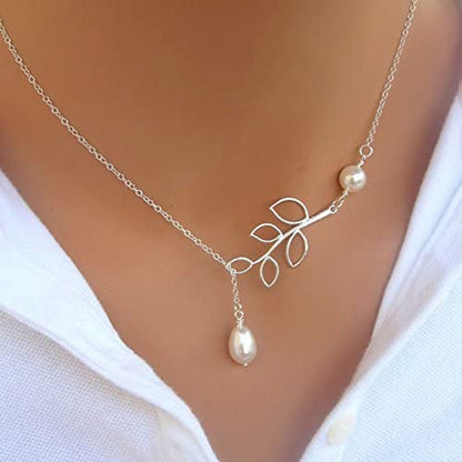 EPJ Willow Leaf with Two Faux Pearls on Silver Coloured Chain Necklace