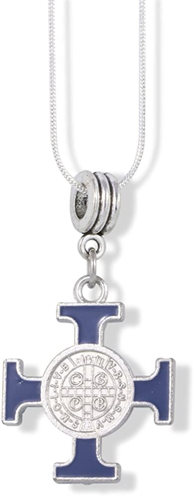 Saint Michael Blue Cross Charm Snake Chain Necklace
