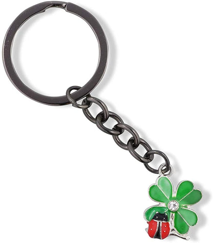 Ladybug Gifts | Ladybug Key Chain of a Lady Bug on a Four Leaf Clover Lucky Keychain 1 inch diameter Black Key Chain with Black Chain to the Ladybug Charm on a Four Leaf Clover with Rhinestone Center