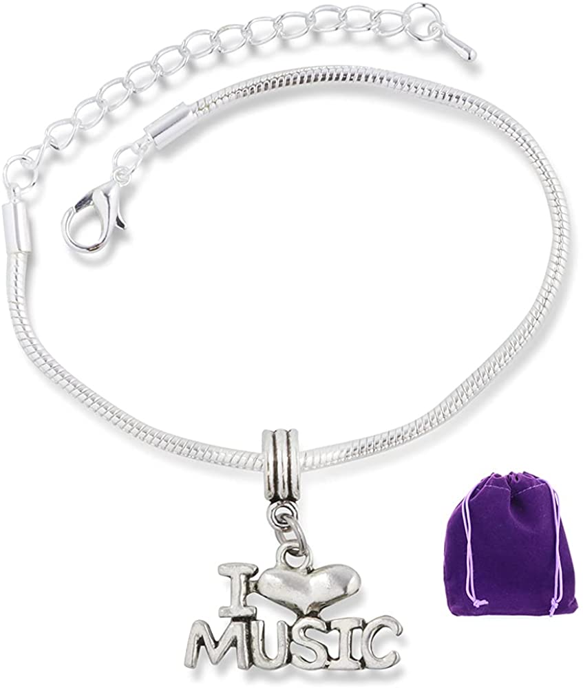 I Love Heart Music Snake Chain Charm Bracelet
