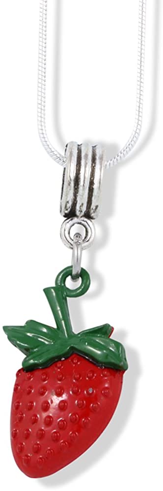EPJ Red Strawberry with Green Stem Charm Snake Chain Necklace