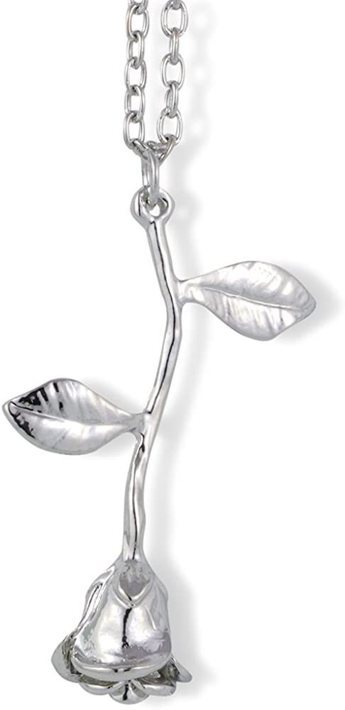 Emerald Park Jewelry Silver Coloured Rose on a Stem with Two Leaves Charm Chain Necklace