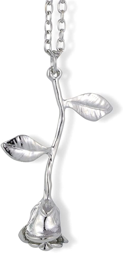 Emerald Park Jewelry Silver Coloured Rose on a Stem with Two Leaves Charm Chain Necklace