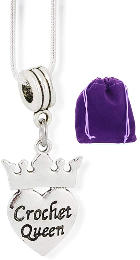 Crochet Queen (on heart and with Crown) Charm Snake Chain Necklace