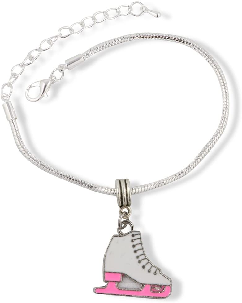 Emerald Park Jewelry Pink and White Ice Skate Snake Chain Charm Bracelet