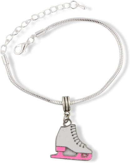 Emerald Park Jewelry Pink and White Ice Skate Snake Chain Charm Bracelet