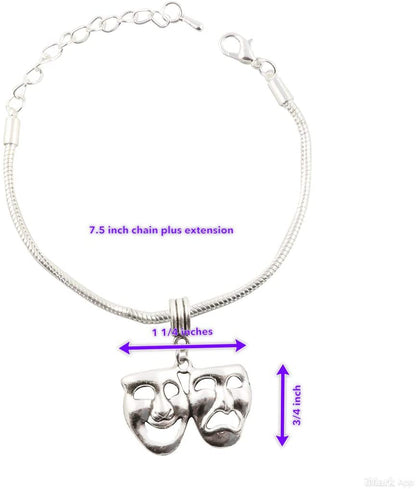 Drama Mask Bracelet | Tragedy Comedy Mask Thespian Mask Charm Bracelet Jewelry Theatre Theater Gift for Women Men Boys Girls Actors and Actress on Silver Plated Snake Chain