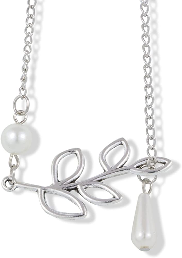 EPJ Willow Leaf with Two Faux Pearls on Silver Coloured Chain Necklace