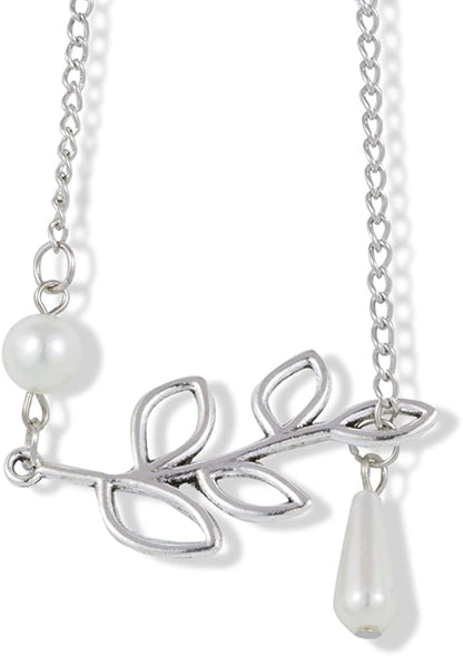 EPJ Willow Leaf with Two Faux Pearls on Silver Coloured Chain Necklace