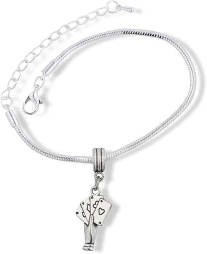 Hand with Four Playing Cards Snake Chain Charm Bracelet