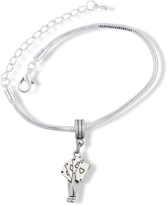 Hand with Four Playing Cards Snake Chain Charm Bracelet