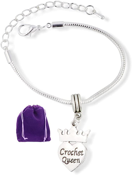 Crochet Queen (on heart and with Crown) Snake Chain Charm Bracelet