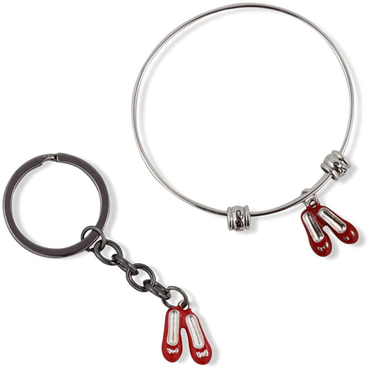 Wizard of Oz Bracelet and Keychain | Dorothy Ruby Red Slippers Charm Snake Chain Necklace Bundled with Ruby Red Slippers Shoes Charm Keychain