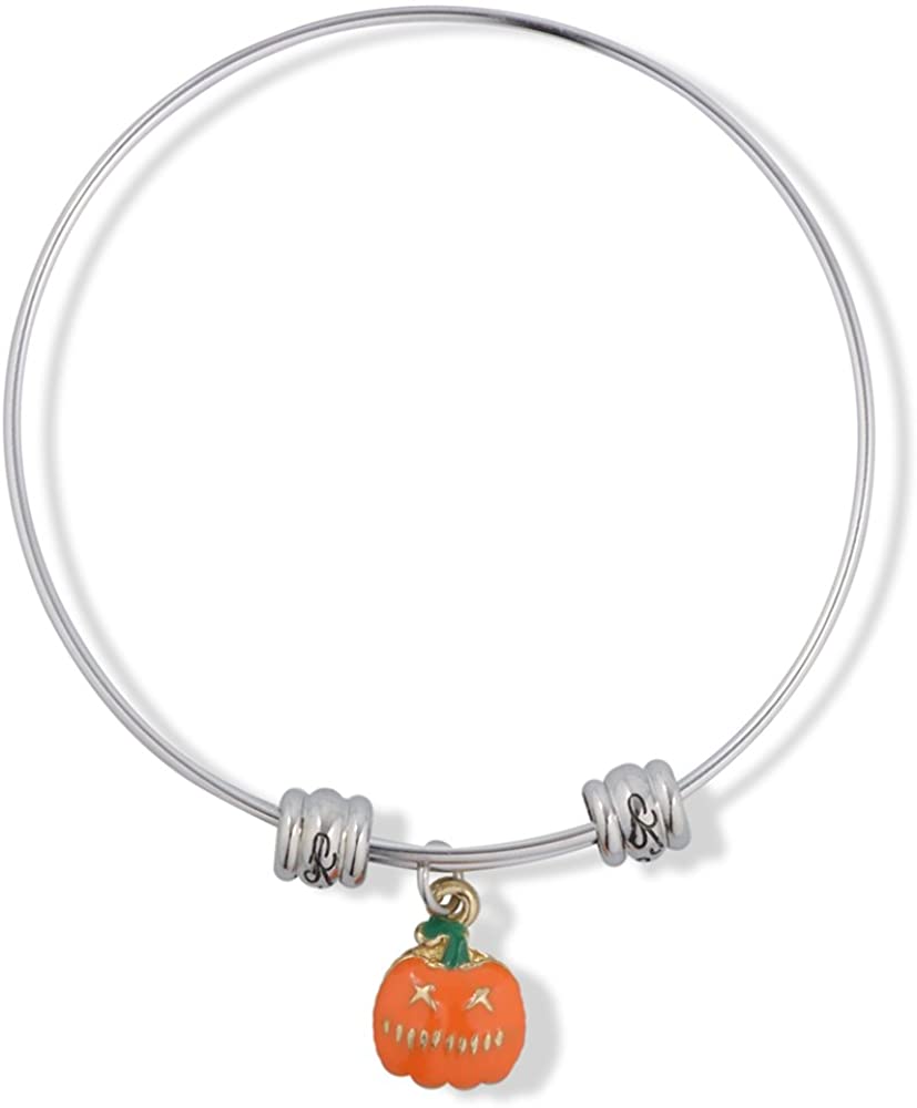 EPJ Pumpkin Jack O Lantern Orange with Green Stem Fancy Charm Bangle