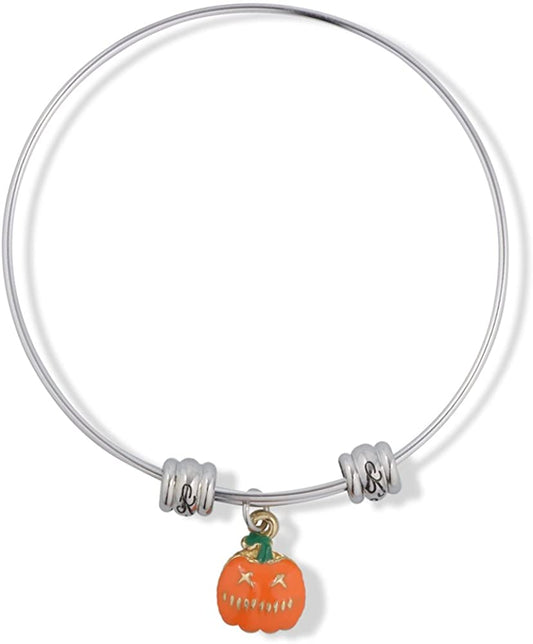 EPJ Pumpkin Jack O Lantern Orange with Green Stem Fancy Charm Bangle