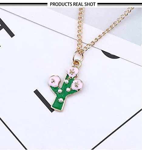 EPJ Cactus Green with Four Pearls and Three Pink Flowers on Gold Chain Necklace