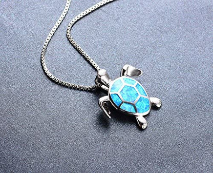 EPJ Turtle Silver with Vibrant Blue and Silver Coloured Shell on Box Chain Silver Necklace