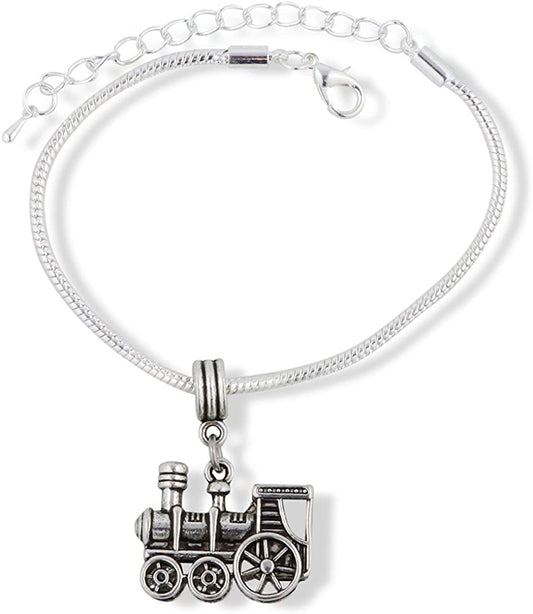 Train Charm | Steam Engine Train Stainless Steel Snake Chain Charm Bracelet