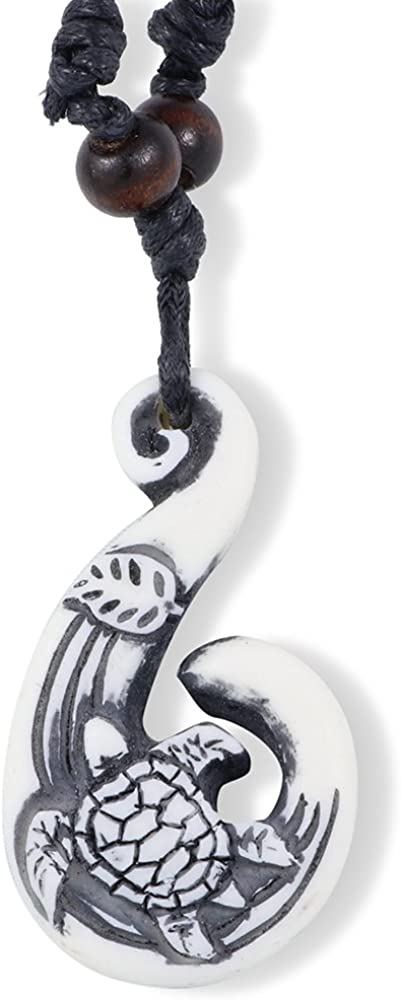 Turtle on Wave Bone Enamel Charm Leather Rope Necklace