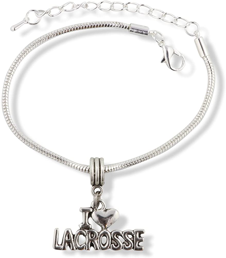 Emerald Park Jewelry I Love Lacrosse Snake Chain Charm Bracelet