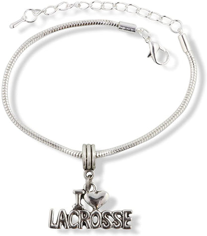 Emerald Park Jewelry I Love Lacrosse Snake Chain Charm Bracelet