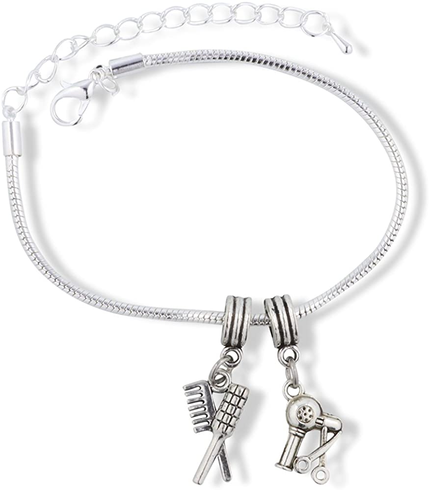 Emerald Park Jewelry Hair Stylist Bracelet | Blow Dryer and Brushes Stainless Steel Snake Chain Charm Bracelet