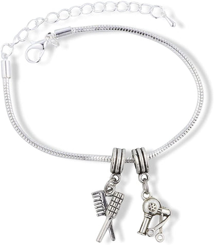 Emerald Park Jewelry Hair Stylist Bracelet | Blow Dryer and Brushes Stainless Steel Snake Chain Charm Bracelet