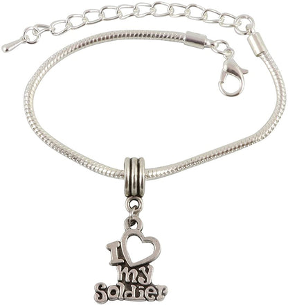 I Love (Heart) My Soldier Snake Chain Charm Bracelet