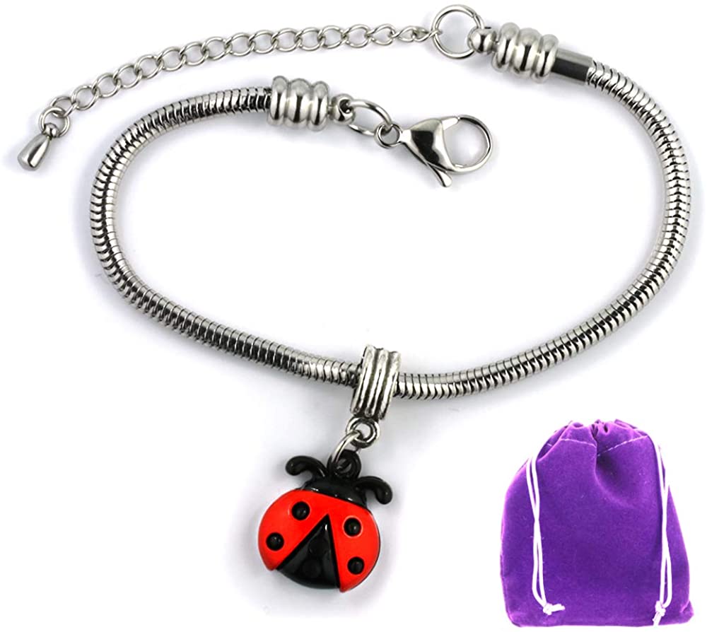 Dave The Bunny Ladybug Bracelet | Red and Black Ladybug Four Dots Stainless Steel Snake Chain Bracelet