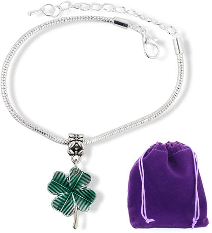 Clover Bracelet | Four Leaf Clover with green Tint Stainless Steel Snake Chain Charm Bracelet
