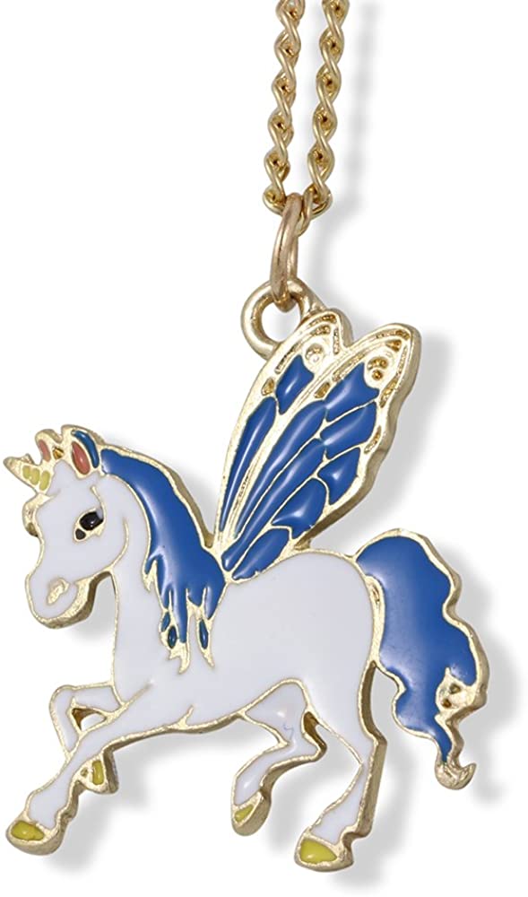Emerald Park Jewelry Allicorn White with Blue Wings Mane and Tail Charm on Gold Coloured Chain Necklace