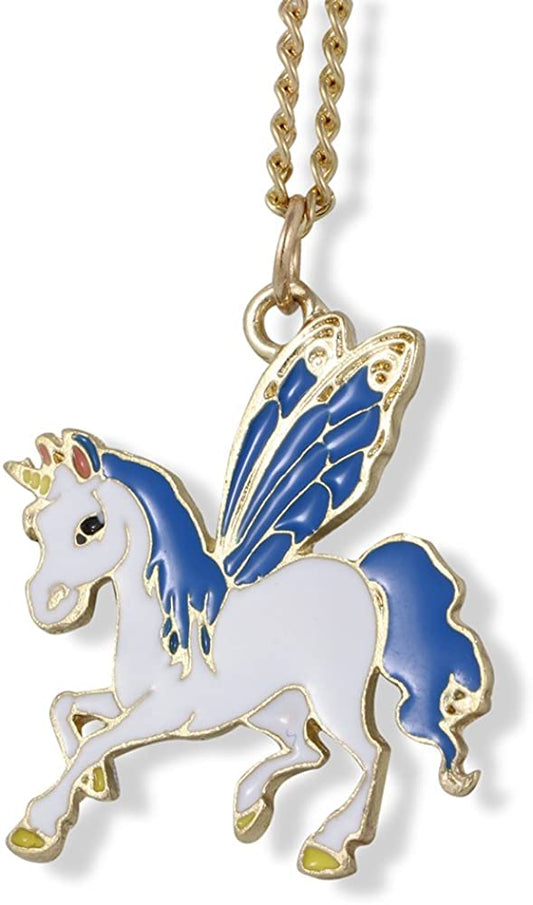 Emerald Park Jewelry Allicorn White with Blue Wings Mane and Tail Charm on Gold Coloured Chain Necklace