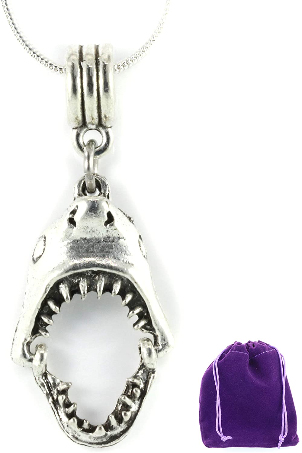 Shark Tooth Necklace | Shark Necklace on a 22 inch Stainless Steel Chain a Shark Jaw Charm on a Shark Tooth Necklace for Men and Women with Moveable Jaw Shark Charm with Shark Teeth for Biting Action