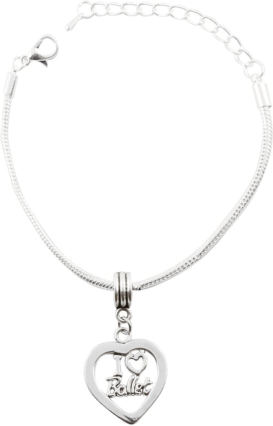 Emerald Park Jewelry I Heart Ballet Snake Chain Charm Bracelet
