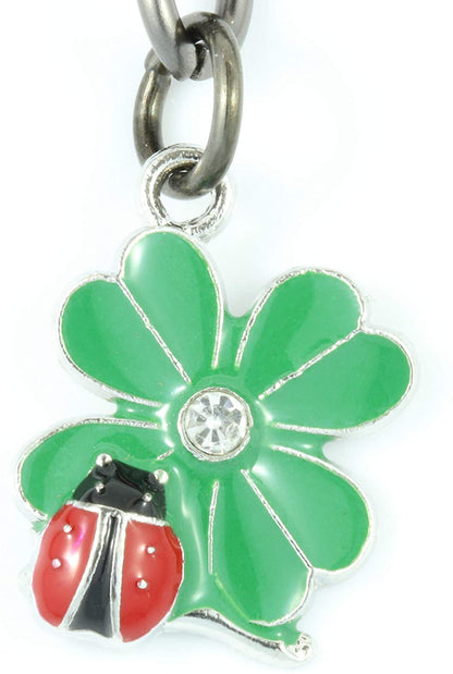 Ladybug Gifts | Ladybug Key Chain of a Lady Bug on a Four Leaf Clover Lucky Keychain 1 inch diameter Black Key Chain with Black Chain to the Ladybug Charm on a Four Leaf Clover with Rhinestone Center