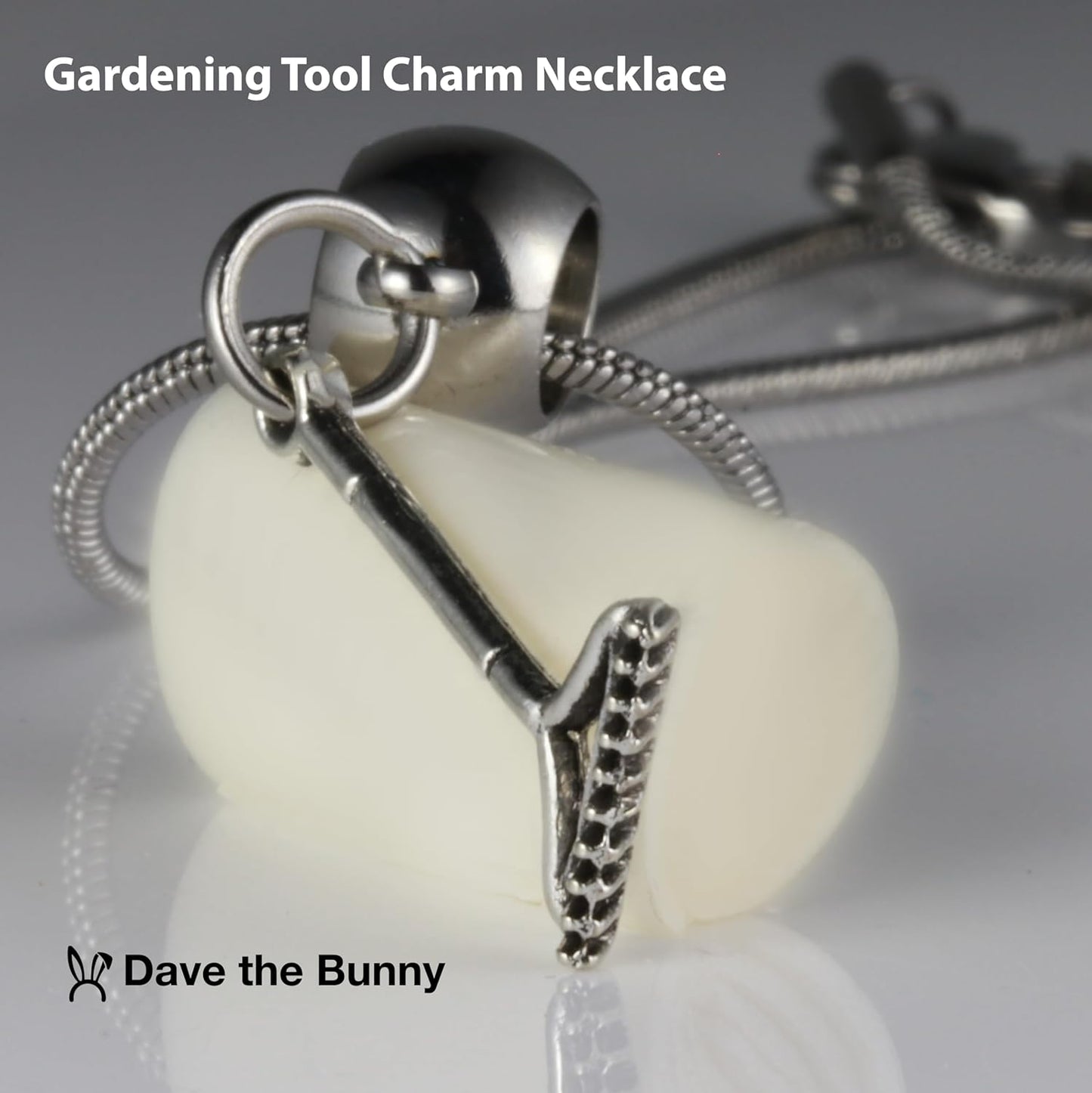 Dave The Bunny Garden Jewelry - Rake Necklace Flower Gardening Stainless Steel Snake Chain with Alloy Charm - Perfect Gardening Tool Necklace for Garden Landscape Design Enthusiasts