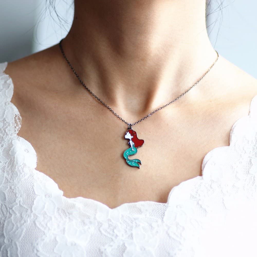 Mermaid with Red Hair Green Tail Charm Necklace