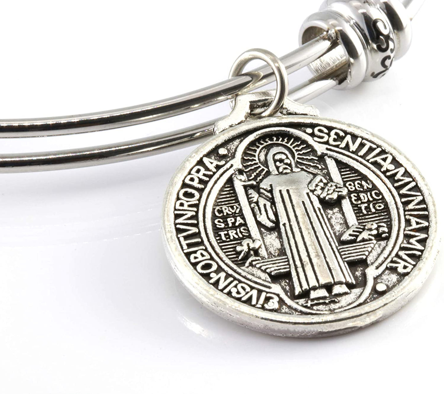 San Benito Bracelet | St Benedict Medals are Great Catholic Gifts or Confirmation Gifts and Medalla de san Benito a Stainless Steel Bangle for Sensitive Skin a Saint Benedict Bracelet for Men or Women